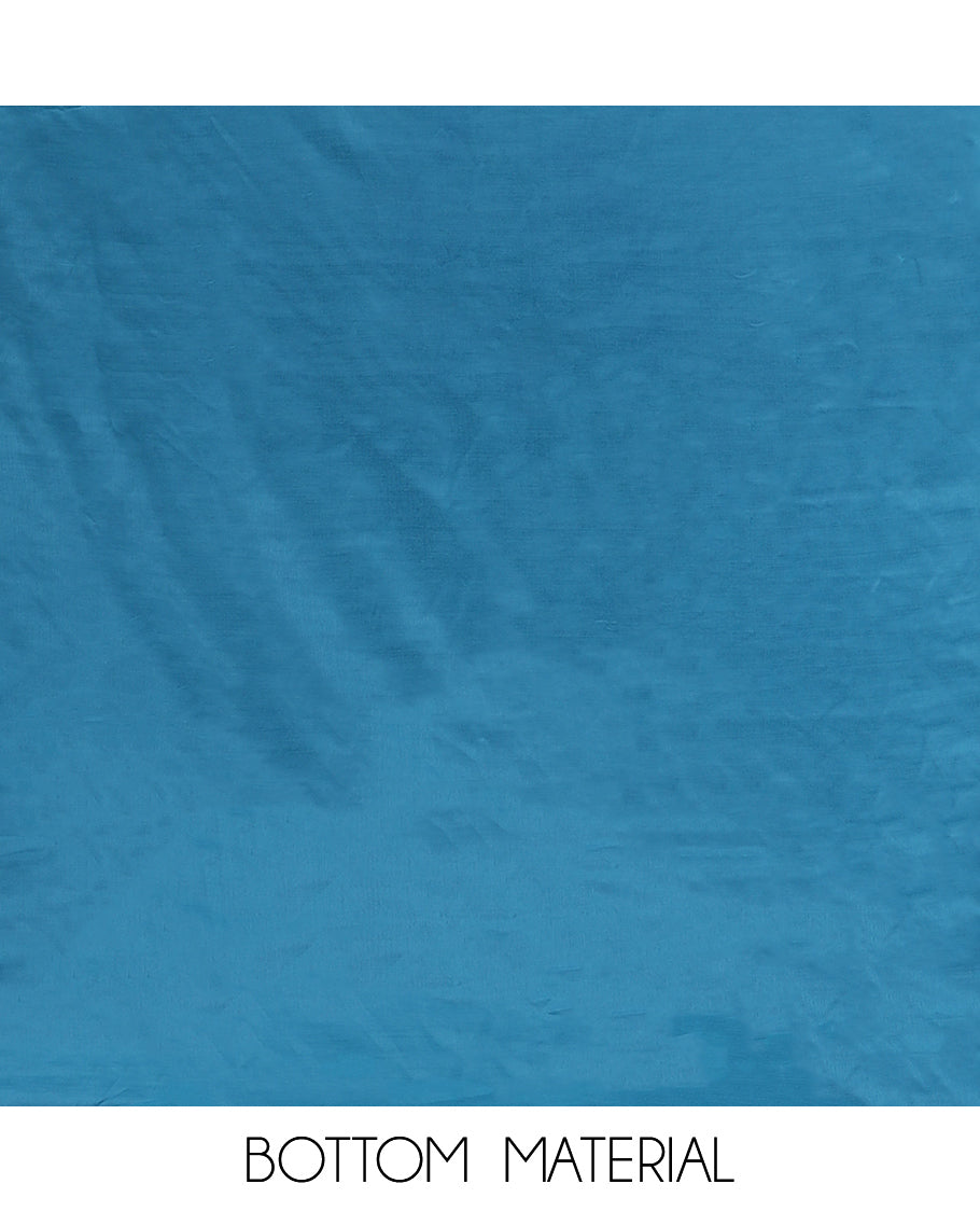Peacock Blue Material Churidar Set Features Gold Zari Neck Work Top, a Plain Santoon Bottom, a Banarasi Dupatta