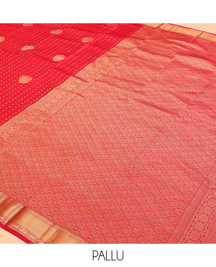 Red Vasundhara Lite Silk Mix Saree, Sparsely Woven with Zari Buttas, a Zari Border of Thilakam Mokku, Neli, Rudraksham, Mayil, and Yaali Designs, Grand Pallu, and a Matching Blouse