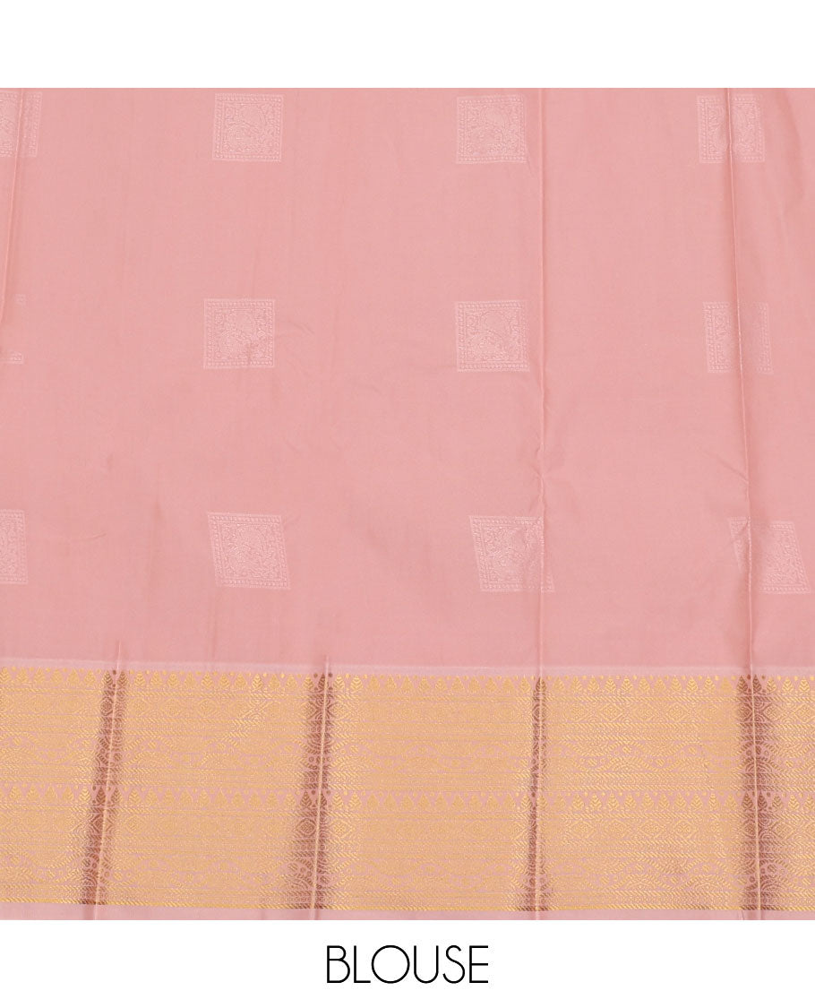 Green Budget Silk Saree, Detailed with Zari Buttas, Complemented by a Contrast Traditional Border, Jaal Pallu, and a Contrast Blouse
