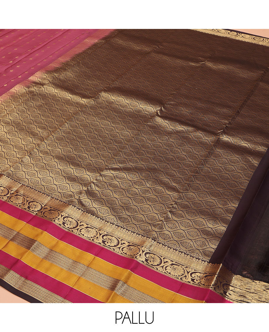 Burgundy Vasundhara Lite Silk Mix Saree, Detailed with Zari Buttas on Its Body, Complemented by a Contrast Border of Jaal, Kodi Visiry, and Neli Designs, Grand Ogee-Patterned Pallu, and Paired with a Contrast Blouse