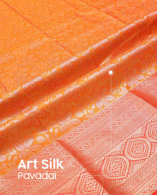Orange floral design art silk pavadai material with contrast traditional zari design border & floral zari design blouse
