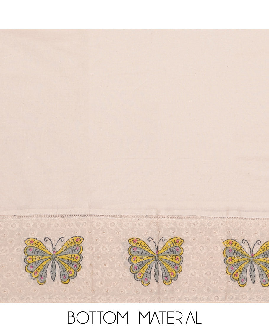 Chikku-Yellow Cotton Material Churidar Set Features Floral Print and Neck Patch Top, Contrast Bottom, and Print-Embroidered Dupatta