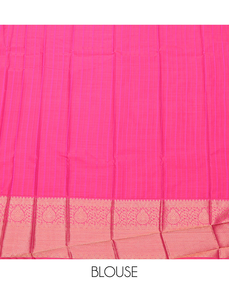 Green Budget Silk Saree, Accentuated with Zari Stripes, Complemented by a Contrast Traditional Zari Border, Grand Pallu, and a Contrast Blouse