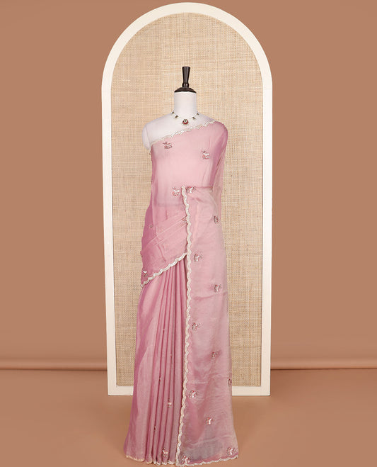 Pink deer motifs embroidered designer saree, scallop sequins embroidered border