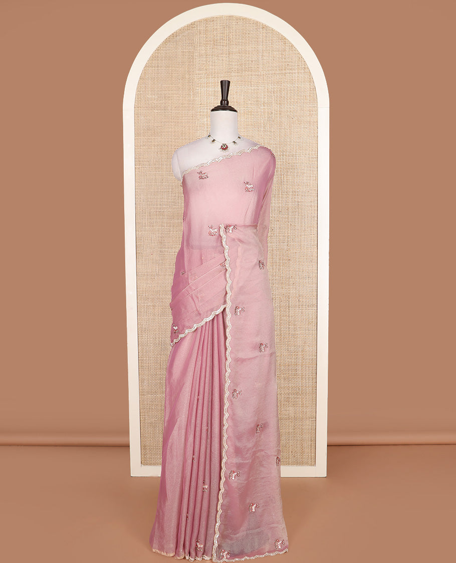 Pink deer motifs embroidered designer saree, scallop sequins embroidered border