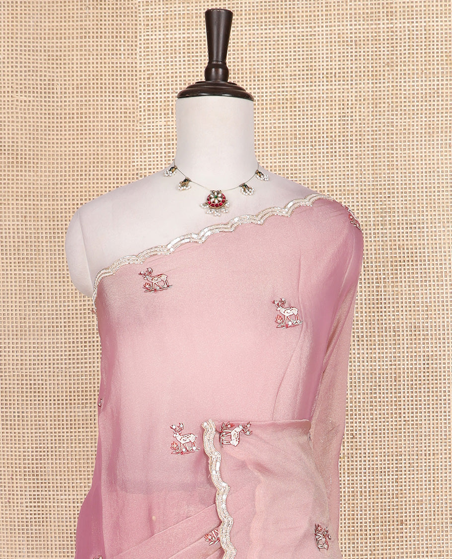 Pink deer motifs embroidered designer saree, scallop sequins embroidered border