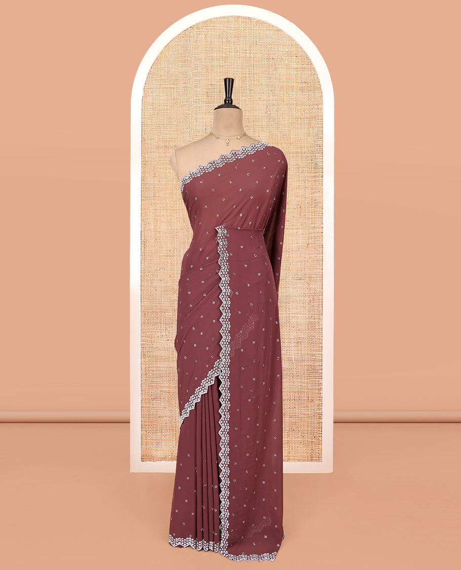Dark Rosewood Pink Designer Saree, Decorated with Stones All Over Its Body, a Scallop Stone Work Border, and Matching Blouse