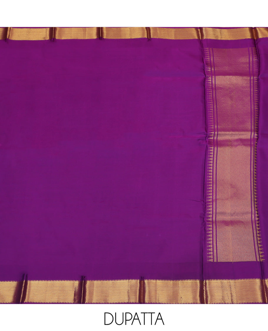 Pink Pure Silk Half-Saree, Woven with Floral Jacquard All Over Its Skirt, Complemented by a Contrast Border of Meenakari Floral and Bird Designs, Paired with a Contrast Blouse, and Comes with a Gleaming Zari Dhavani