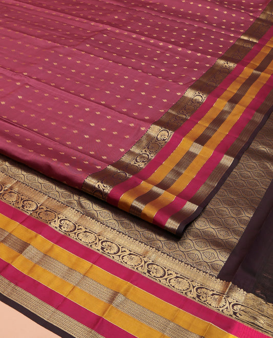 Burgundy Vasundhara Lite Silk Mix Saree, Detailed with Zari Buttas on Its Body, Complemented by a Contrast Border of Jaal, Kodi Visiry, and Neli Designs, Grand Ogee-Patterned Pallu, and Paired with a Contrast Blouse