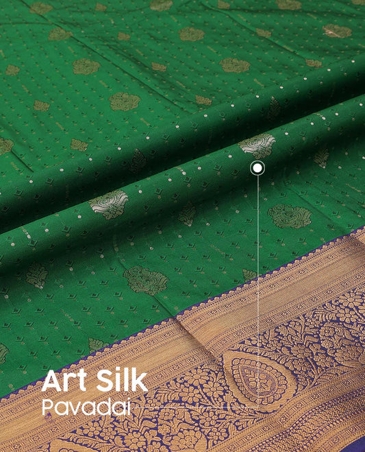 Green Art Silk Pavadai Material Set, Accentuated with Embossed and Zari Buttas All Over the Skirt, Complemented by a Contrast Traditional Zari Woven Border, and Paired with a Contrast Blouse