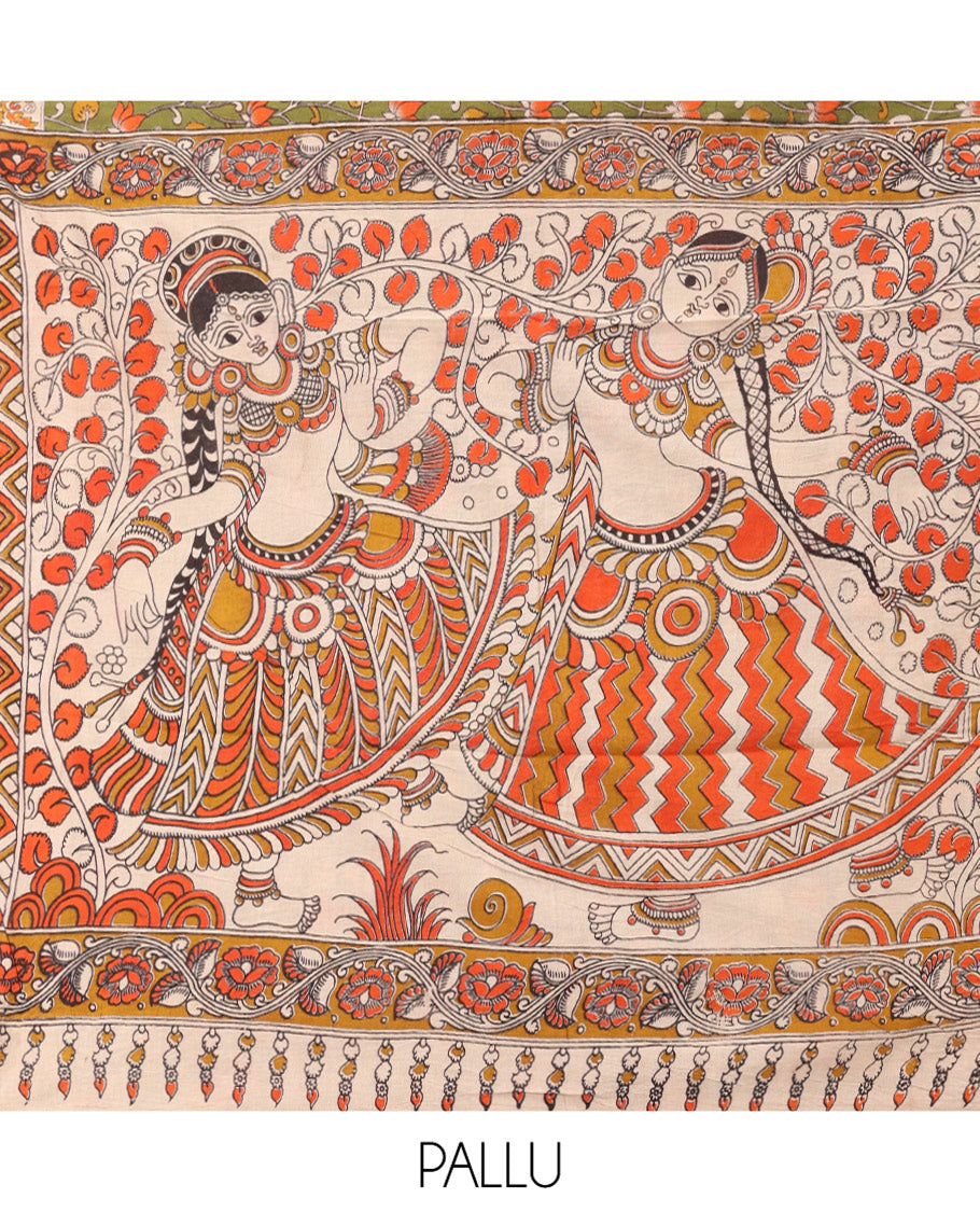Green Kalamkari Cotton Saree, Adorned with Floral Vine Print, Contrast Printed Border, Kalamkari Ancient Human Motifs Pallu, and a Contrast Blouse