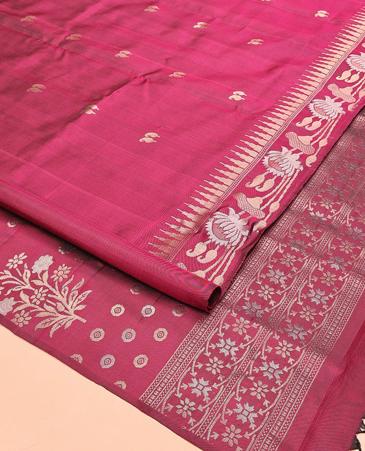 Wine Mayuri Soft Silk Saree, Subtly Woven with Manga Buttas All Over Its Body, Highlighted and Temple Border of Floral Creeper Designs, Pallu of Floral Designs, and Paired with a Matching Blouse