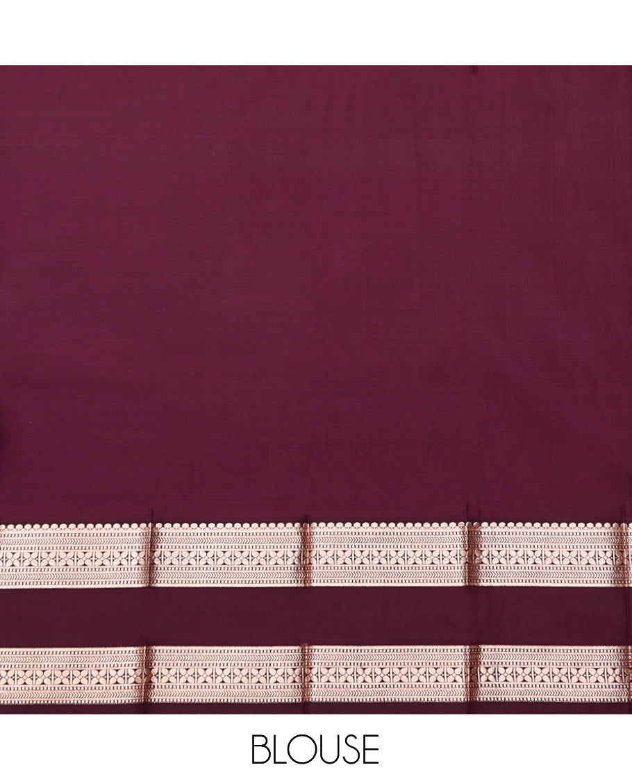 Blue Budget Silk Saree, Decked Up with Zari Buttas, Complemented by Contrast Traditional Zari Rettai Pettu Border, Grand Pallu, and a Contrast Blouse