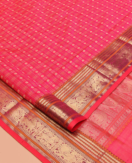 Pink Buttas Enclosed Checked Kuppadam Silk Saree, a Yazhi Border, Grand Pallu, a Matching Blouse