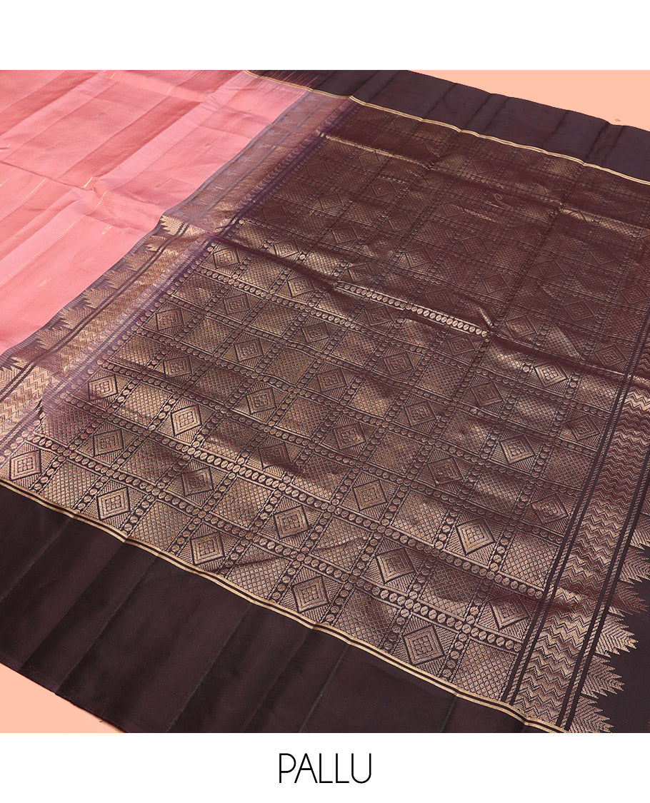 Pink Kanchipuram Silk Saree, Sparsely Threaded with Stripes and Muniya Buttas, Complemented by Contrast Border, Zari-Checked Pallu, and Contrast Blouse