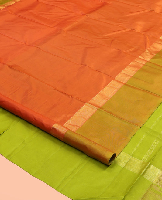 Orange Kanchipuram Silk Saree, Elevated with Floral Zari Buttas, a Contrast Floral Zari Buttas, Grand Floral Pattu, and a Contrast Blouse