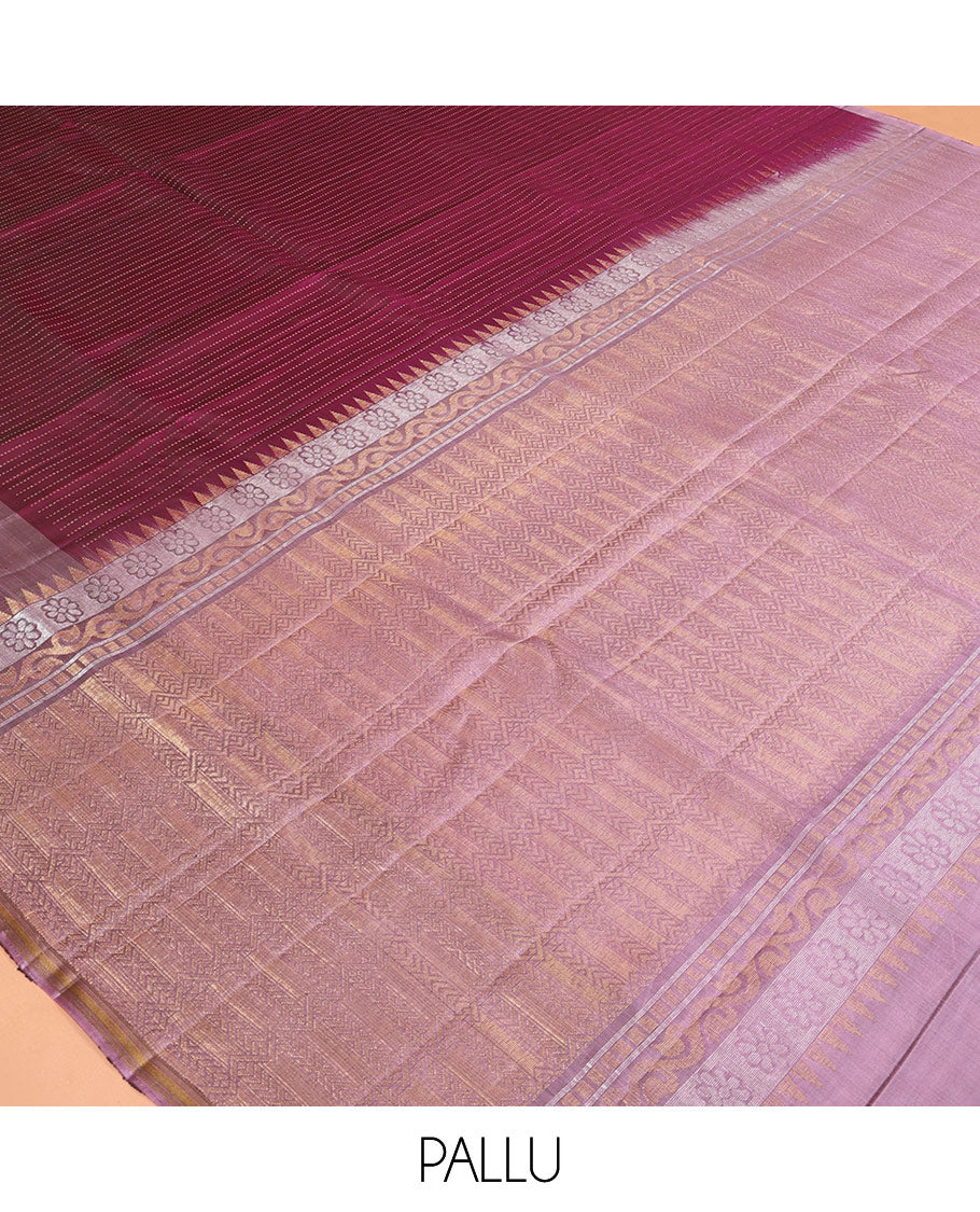 Purple Mayuri Lite Silk Mix Saree, Adorned with Muthu Stripes, Complemented by a Contrast Yaanai Zari Border, an Intricate Pallu, and a Contrast Blouse