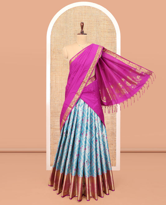 Blue Art Silk Material Half Saree Set, Embellished with Jacquard Design Skirt, a Contrast Traditional Zari Design Border, Contrast Zari-Jacquard Blouse, and a Dhavani of Floral Designs