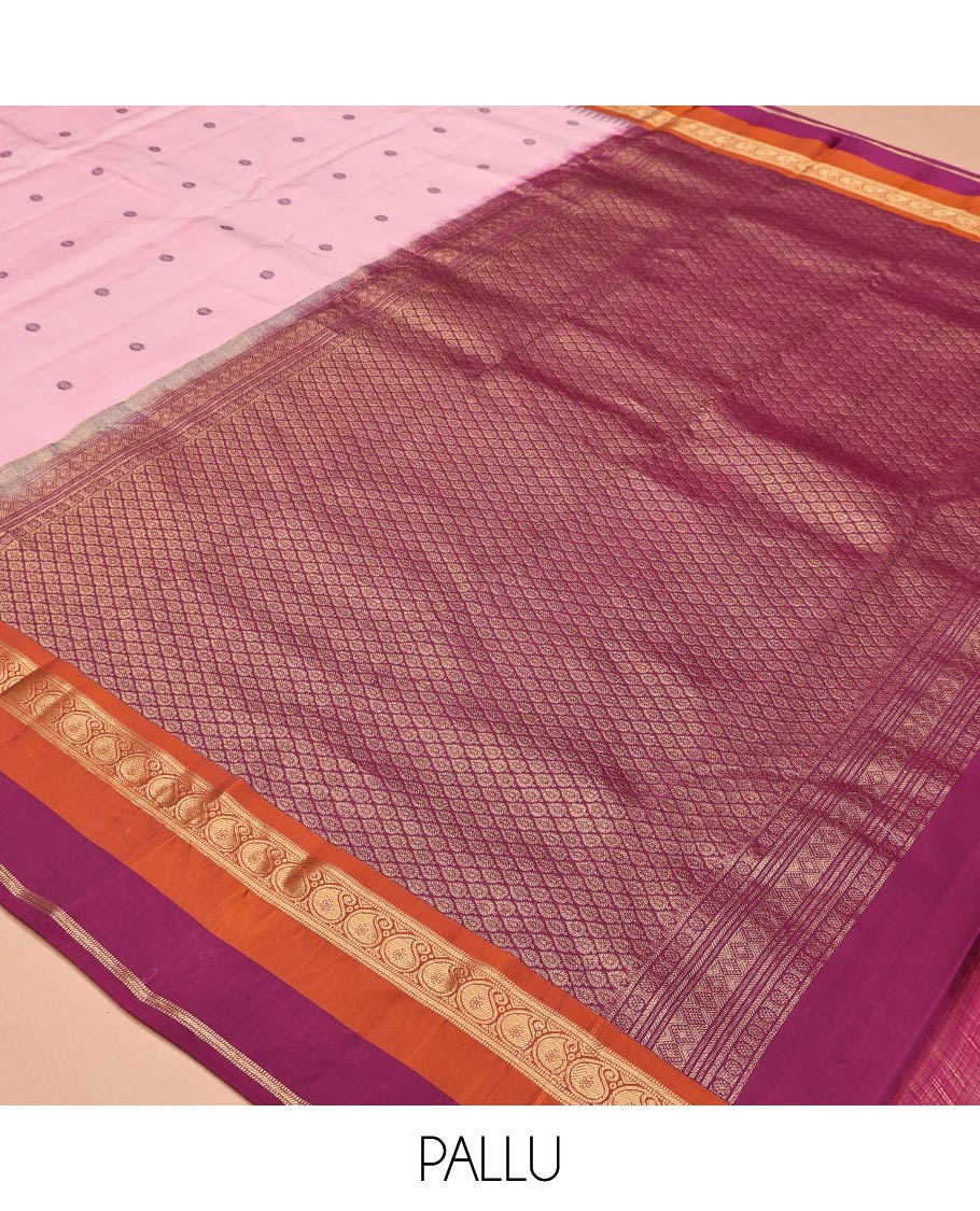 Pink Vasundhara Lite Silk Mix Saree, Woven with Buttas, a Contrast Border of Thazampoo Rekku, Banaras, Muthu, and Manga Designs, Grand Pallu, and a Contrast Blouse