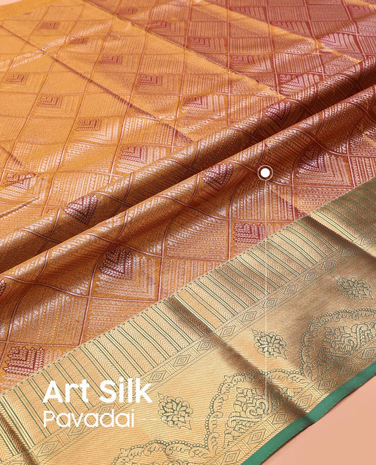 Gold Art Silk Pavadai Material Set, Dazzled with Jacquard Design on Its Skirt, Complemented by a Contrast Traditional Zari Design Border, and Paired with a Contrast Blouse