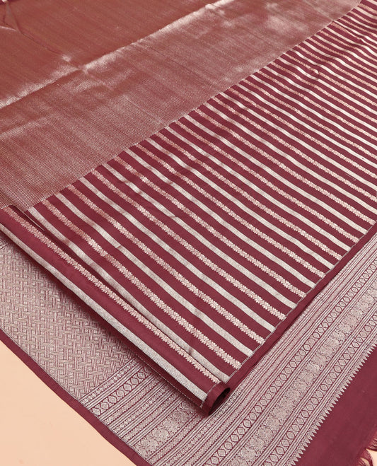Borderless Brown Vasundhara Silk Saree, Detailed with Vanki and Zari Stripes, Highlighted by a Grand Pallu, and Matching Blouse