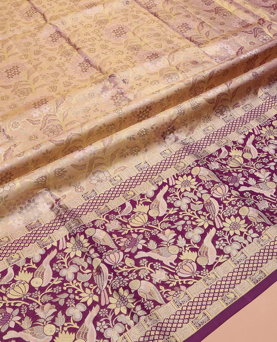 Pink Pure Silk Half-Saree, Woven with Floral Jacquard All Over Its Skirt, Complemented by a Contrast Border of Meenakari Floral and Bird Designs, Paired with a Contrast Blouse, and Comes with a Gleaming Zari Dhavani