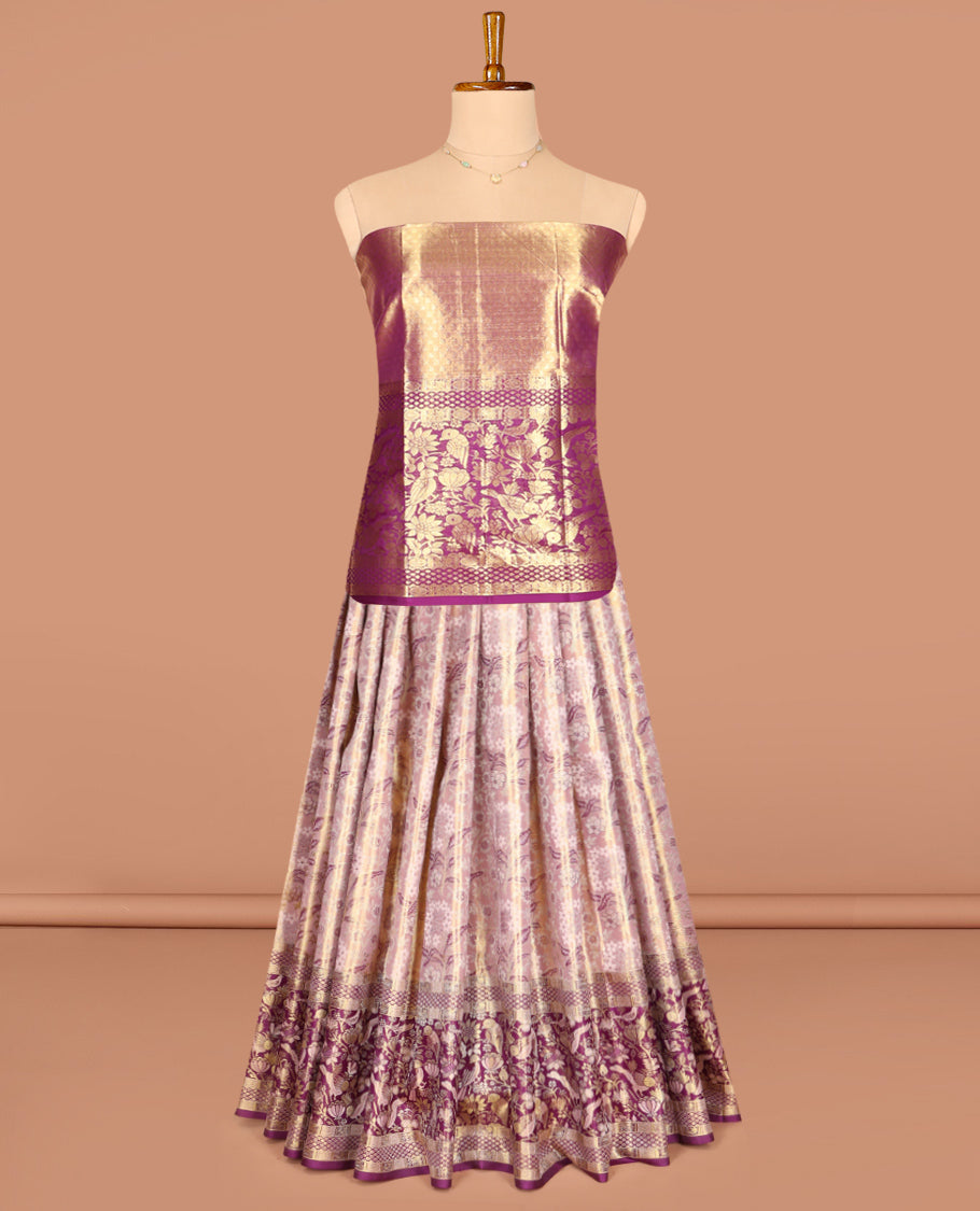 Pink Pure Silk Half-Saree, Woven with Floral Jacquard All Over Its Skirt, Complemented by a Contrast Border of Meenakari Floral and Bird Designs, Paired with a Contrast Blouse, and Comes with a Gleaming Zari Dhavani