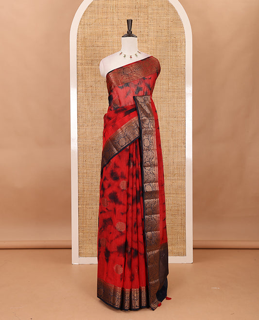 Red all over zari butta with shibori-style printed jute cotton saree, contrast zari border, zari line weaving pallu & contrast blouse