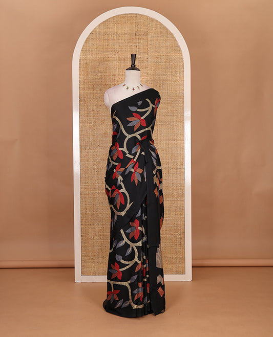Borderless balck jamdani weaving design gajji silk saree and  jamdani design self pallu along with printed blouse