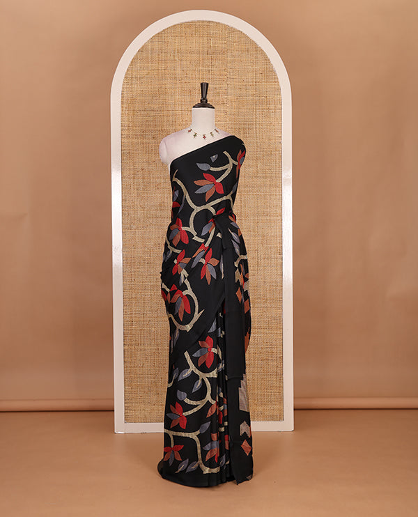 Borderless balck jamdani weaving design gajji silk saree and  jamdani design self pallu along with printed blouse
