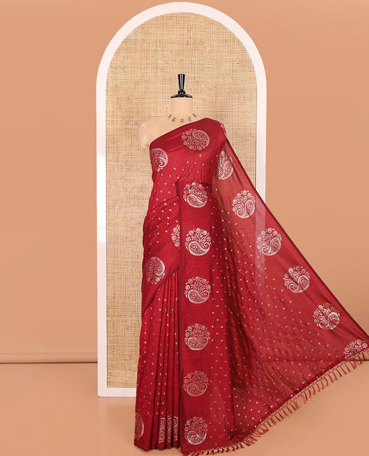 Maroon Vichitra Silk Saree Elevated with Small Paisley Buttas All Over Its Body, Complemented by a Contrast Border of Floral-Paisley Designs, Self Pallu, and Comes Without a Blouse