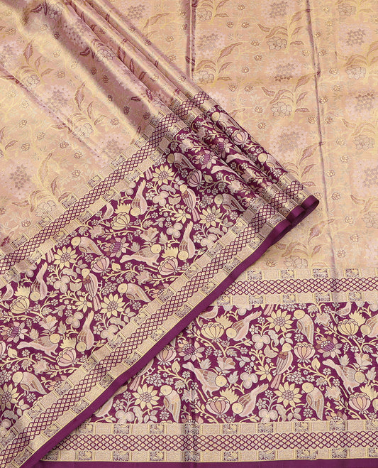 Pink Pure Silk Half-Saree, Woven with Floral Jacquard All Over Its Skirt, Complemented by a Contrast Border of Meenakari Floral and Bird Designs, Paired with a Contrast Blouse, and Comes with a Gleaming Zari Dhavani