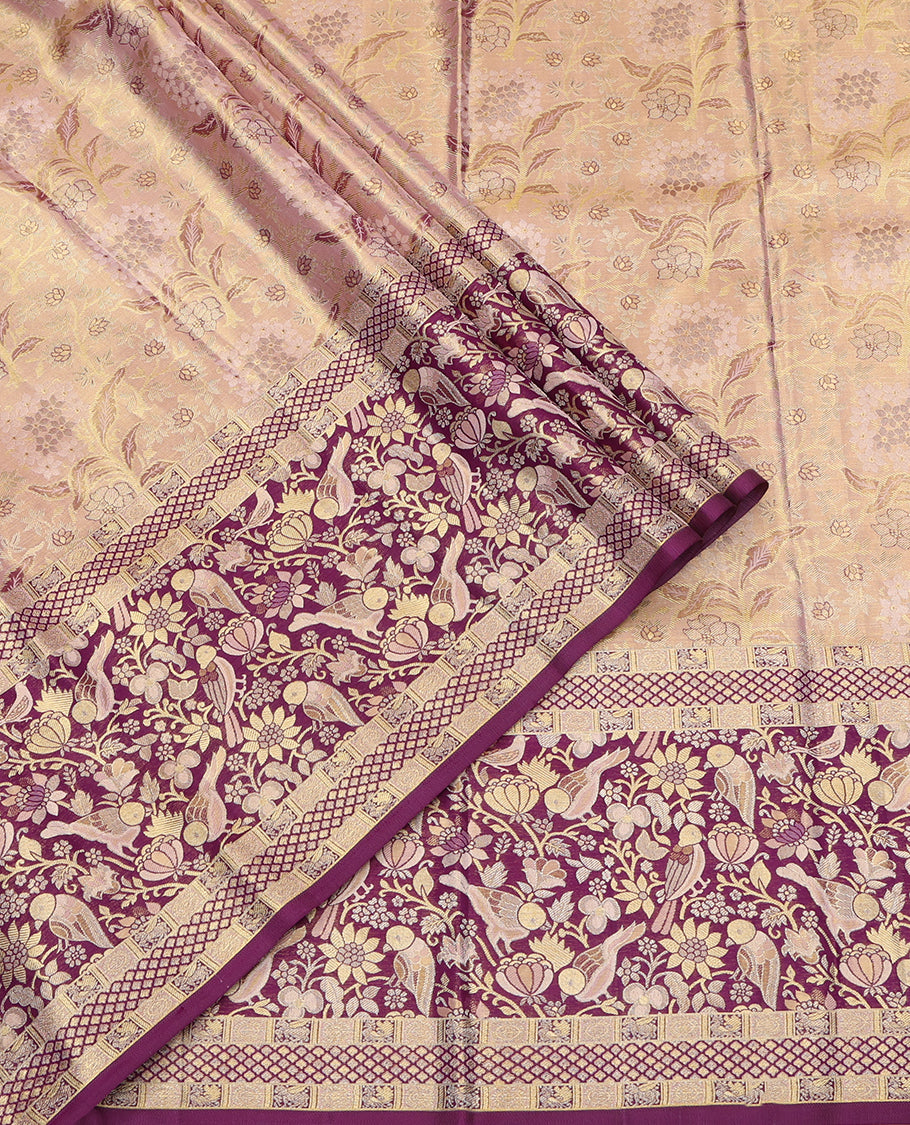 Pink Pure Silk Half-Saree, Woven with Floral Jacquard All Over Its Skirt, Complemented by a Contrast Border of Meenakari Floral and Bird Designs, Paired with a Contrast Blouse, and Comes with a Gleaming Zari Dhavani