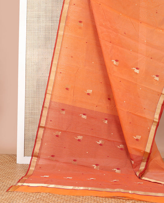 Orange floral design chanderi cotton saree with contrast zari border & striped, floral design pallu