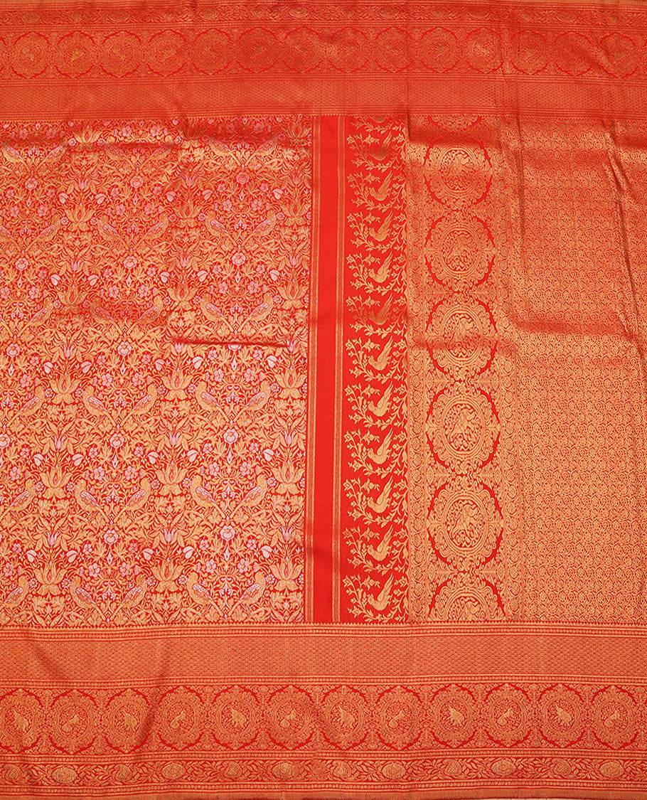 Red jacquard silk saree, zari border of rekku,rettai neli,jaal,kodi visiry,round yaanai & round mayil & intricate pallu