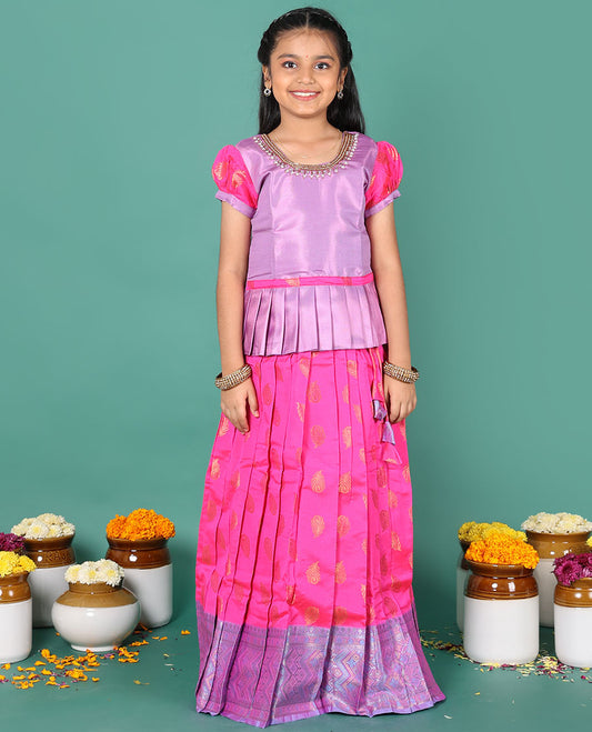 Pink readymade art silk pavadai, peacock feather buttas & contrast geometric border skirt, & embroidery round neck puff-sleeve blouse