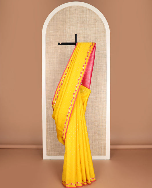 Yellow zari buttas vasundhara silk mix saree, meenakari floral creeper border & contrast pallu of rudraksham,neli,vanki & then kuli kann