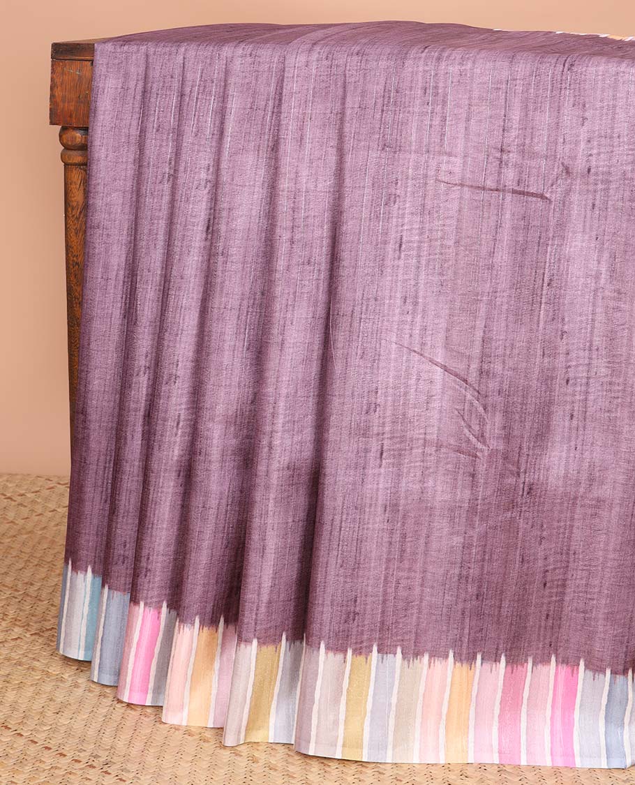 Maroon semi-banaras tussar saree with contrast striped border & multi-colored striped pallu