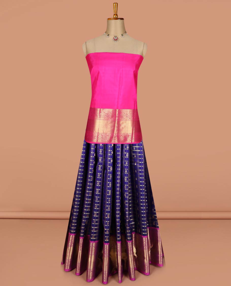 Blue pure-silk half-saree, zari butta enclosed checked with contrast dhavana kodi bordered skirt, contrast zari design blouse, and floral scallop design dhavani