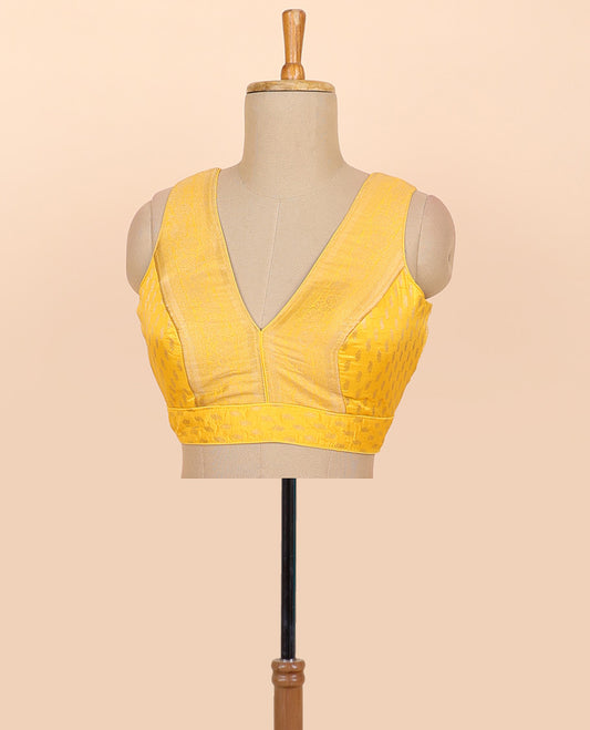 Yellow floral zari design front & back deep v-neck raw-silk readymade sleeveless blouse