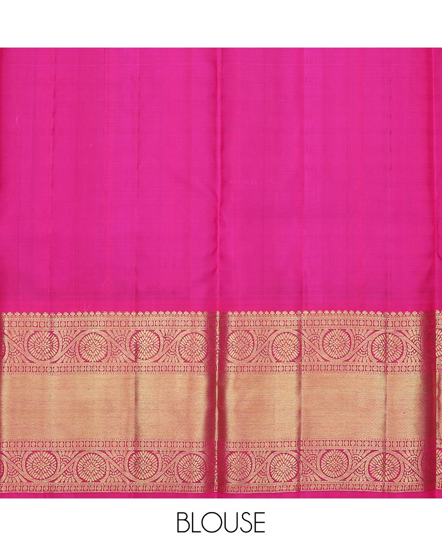 Blue pure-silk half-saree, zari butta enclosed checked with contrast dhavana kodi bordered skirt, contrast zari design blouse, and floral scallop design dhavani