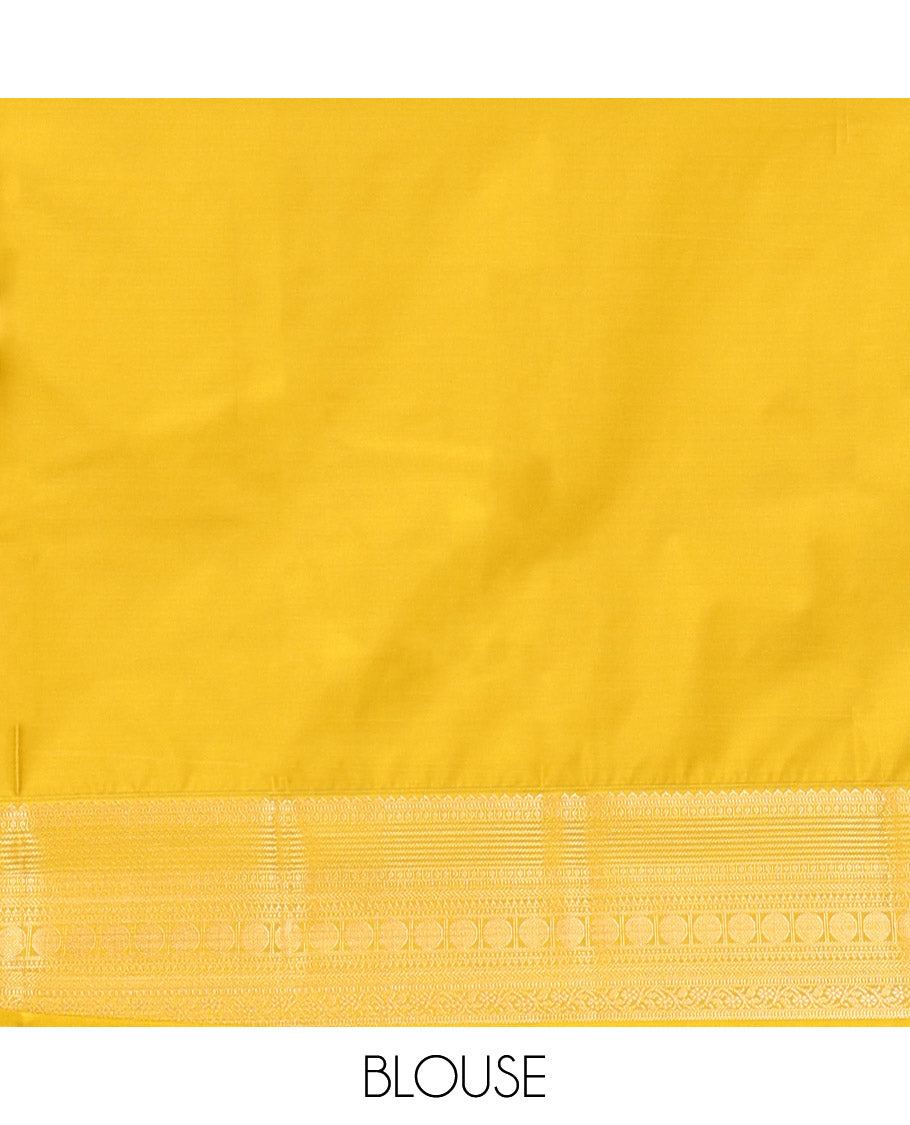 Magenta-Fluorescent Green Budget Silk Saree Features Buttas, Contrast Border, Pallu, and Contrast Blouse