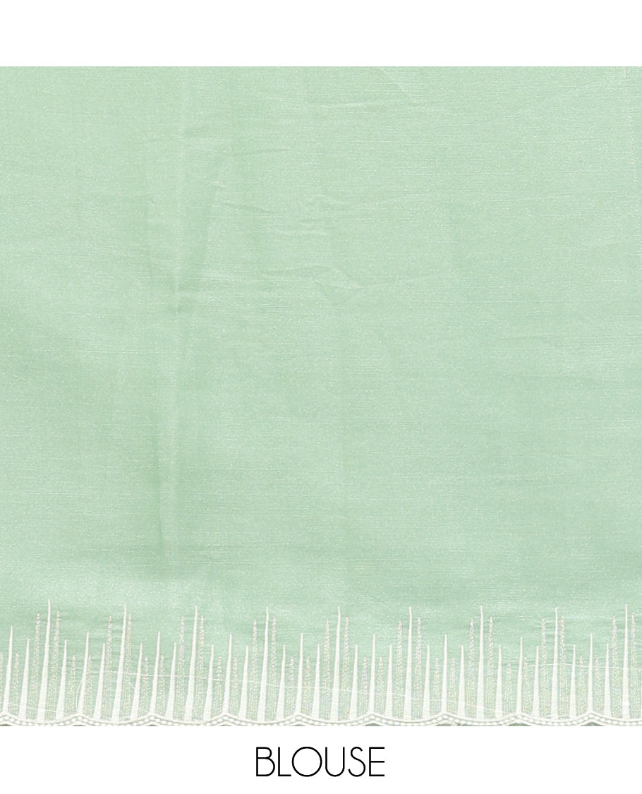Pista Green Organza Saree, Subtly Enriched with Abstract-Style Embroidery, a Scallop Border, and a Matching Blouse