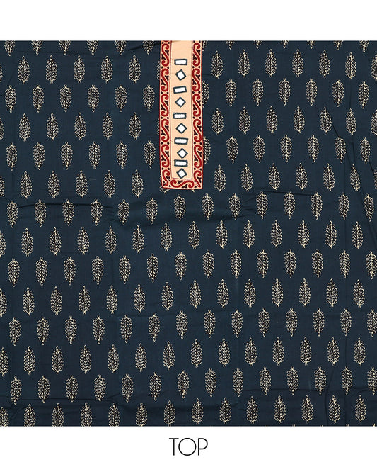 Blue Cotton Material Chudidar Set, Decorated with Unique Motifs Block Printed on Its Cotton Top, a Plain Cotton Bottom, and Paired with an Intricately Block Printed Cotton Dupatta