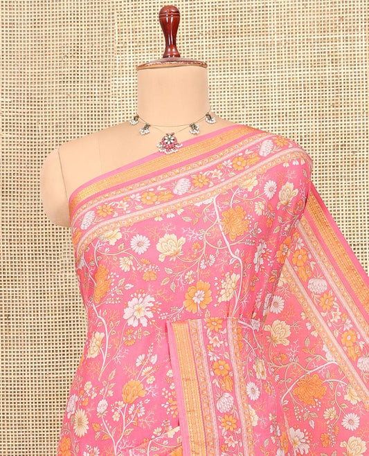 Pink Printed Silk Saree, Prettified with Floral-Vine Print, a Traditional Border, Floral Pallu, Matching Blouse