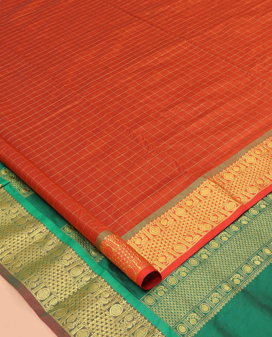 Orange Checked Nine-Yard Saree, Highlighted by a Zari Border of Peacock-Chakram and Ara Maadam Designs, Traditional Pallu, and No Blouse