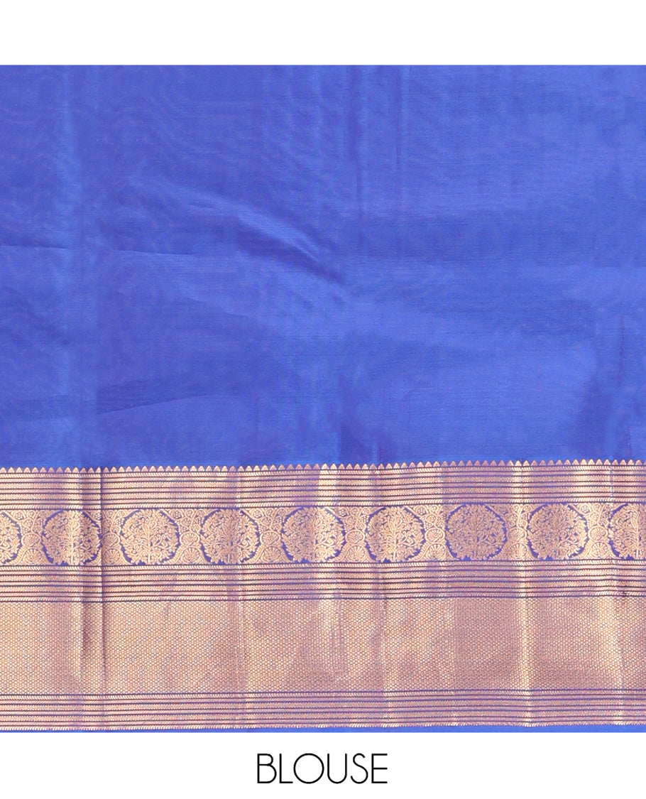 Blue Vasundhara Lite Silk Mix Saree, Finely Crafted with Zari Buttas, a Zari Border of Rekku, Banaras, Neli, Mayil Kann and Kodi Visiry, Grand Pallu, and a Matching Blouse