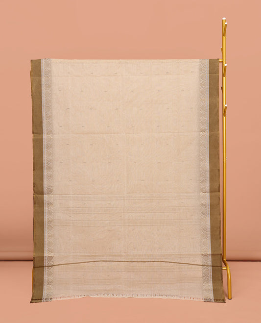 Light Sandal Bengal Cotton Saree, Delicately Woven with Buttas All Over Its Body, Complemented by a Contrast Border of Unique Designs, Pallu of Stripes and Buttas, and Paired with a Matching Blouse