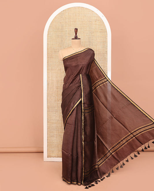 Brown Plain Banana Pith Saree, Subtle Piping Border, Pallu Steeped with Stripes, and Paired with a Matching Blouse