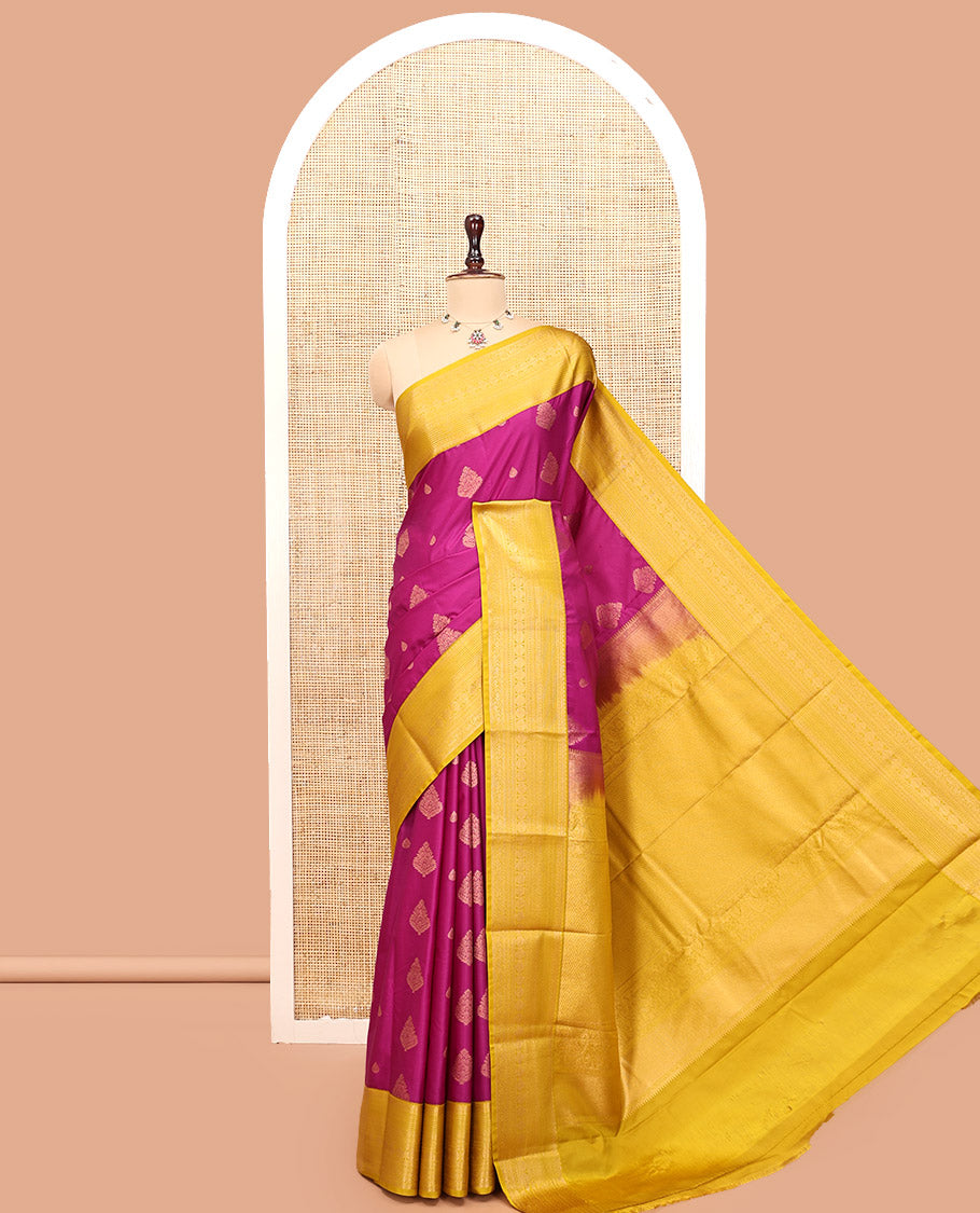 Magenta-Fluorescent Green Budget Silk Saree Features Buttas, Contrast Border, Pallu, and Contrast Blouse